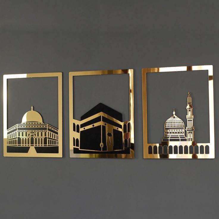 3-Piece Islamic Wall Art Set(Gold Mirror Finish) – Makkah, Madinah & Al-Aqsa Design