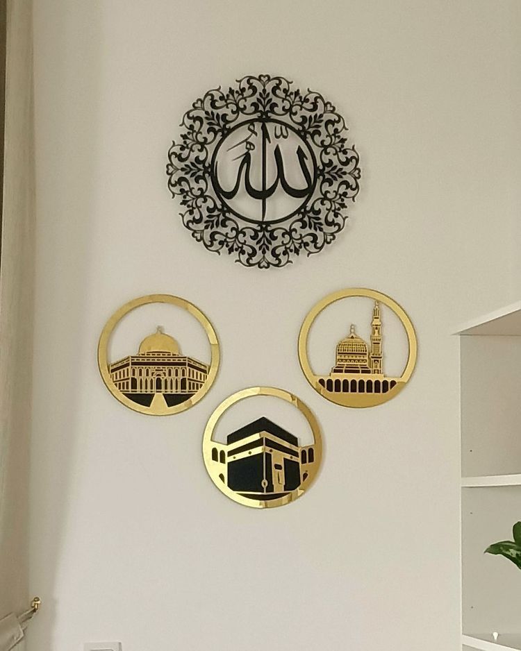 3-Piece Islamic Wall Art Set(Gold Mirror Finish) – Makkah, Madinah & Al-Aqsa Design