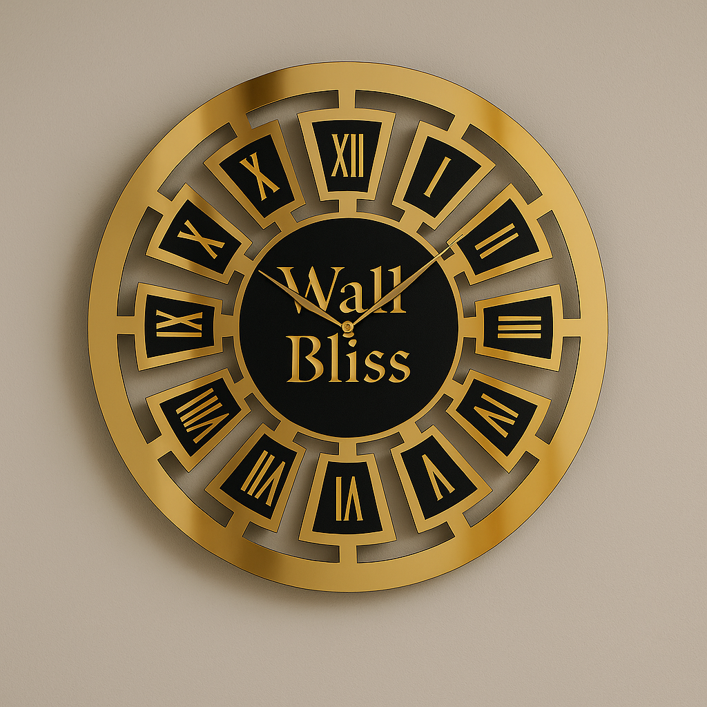 Luxury Roman Numeral Wall Clock – Black & Gold Mirror Finish Customise